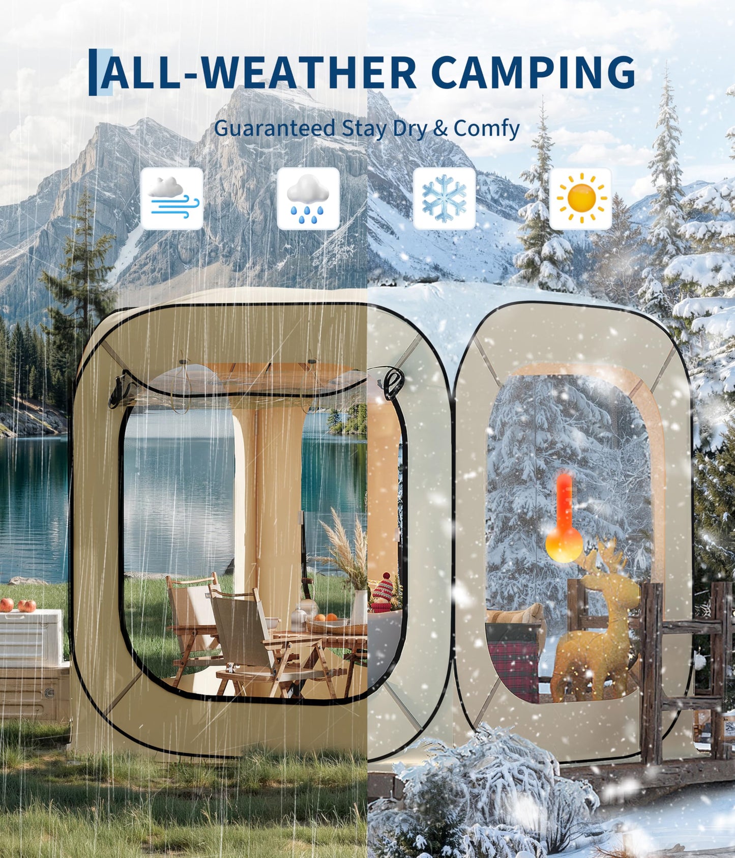Pop Up Bubble Tent Tent, 3-4 Person Portable Screen House Room Instant Shelter, Clear Sport Rainproof Camping Sun Shelter Coldproof for Patio, Backyard, Deck, Sports Events, Beige