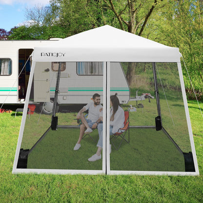Tangkula 10x10 Ft Pop Up Canopy with Netting, Slanted Leg Outdoor Canopy with Roller Bag, 4 Sand Bags, 8 Stakes, 4 Ropes, Instant Canopy Tent with Easy Set-up Center Lock for Patio (White)