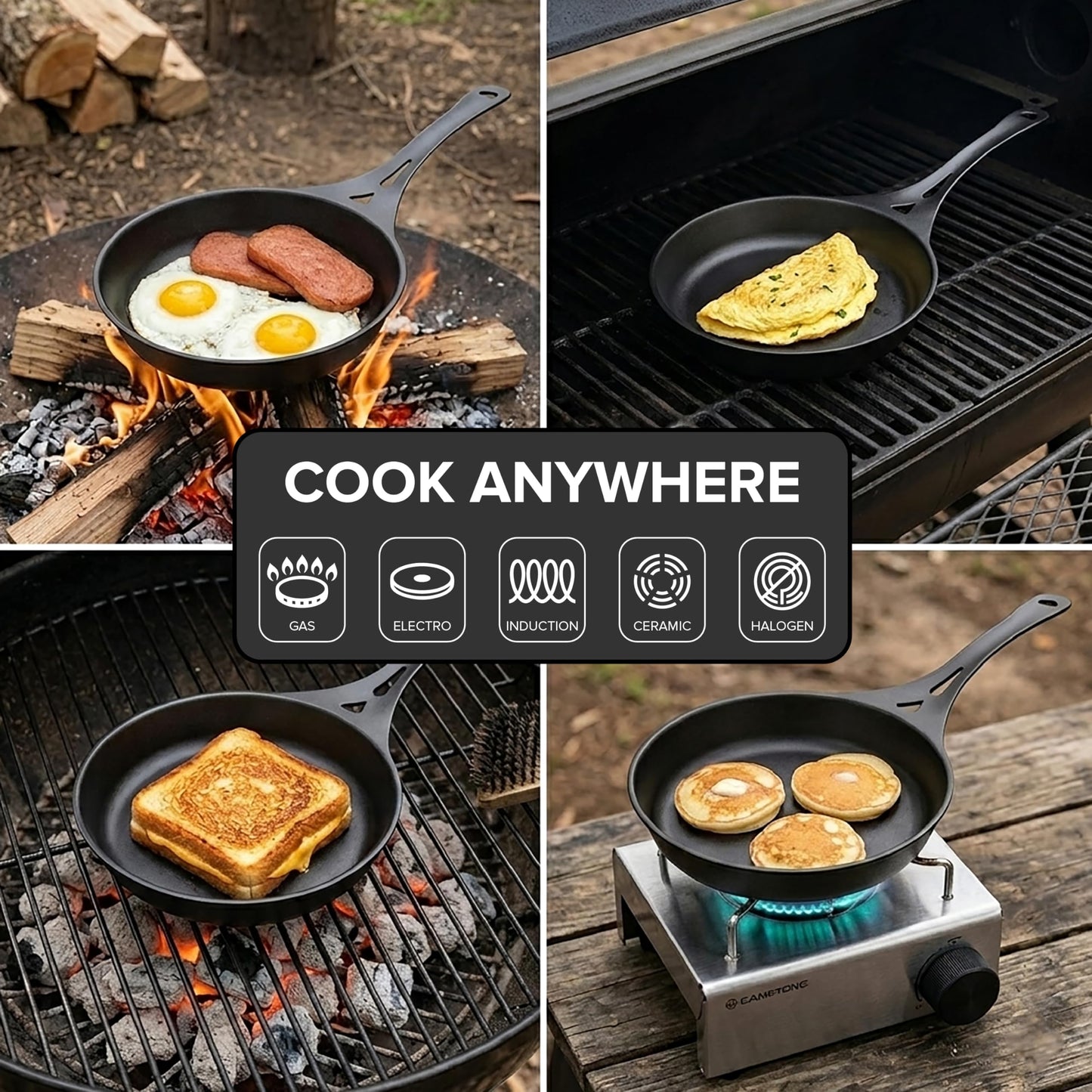 SOLIDTEKNICS 8" Outdoor Skillet Set – Naturally Seasoned Australian Iron Skillet with Lil Flippa Stainless Flipper & Mini Pan Scraper Lightweight Camping Cookware for Grill & Campfire Cooking
