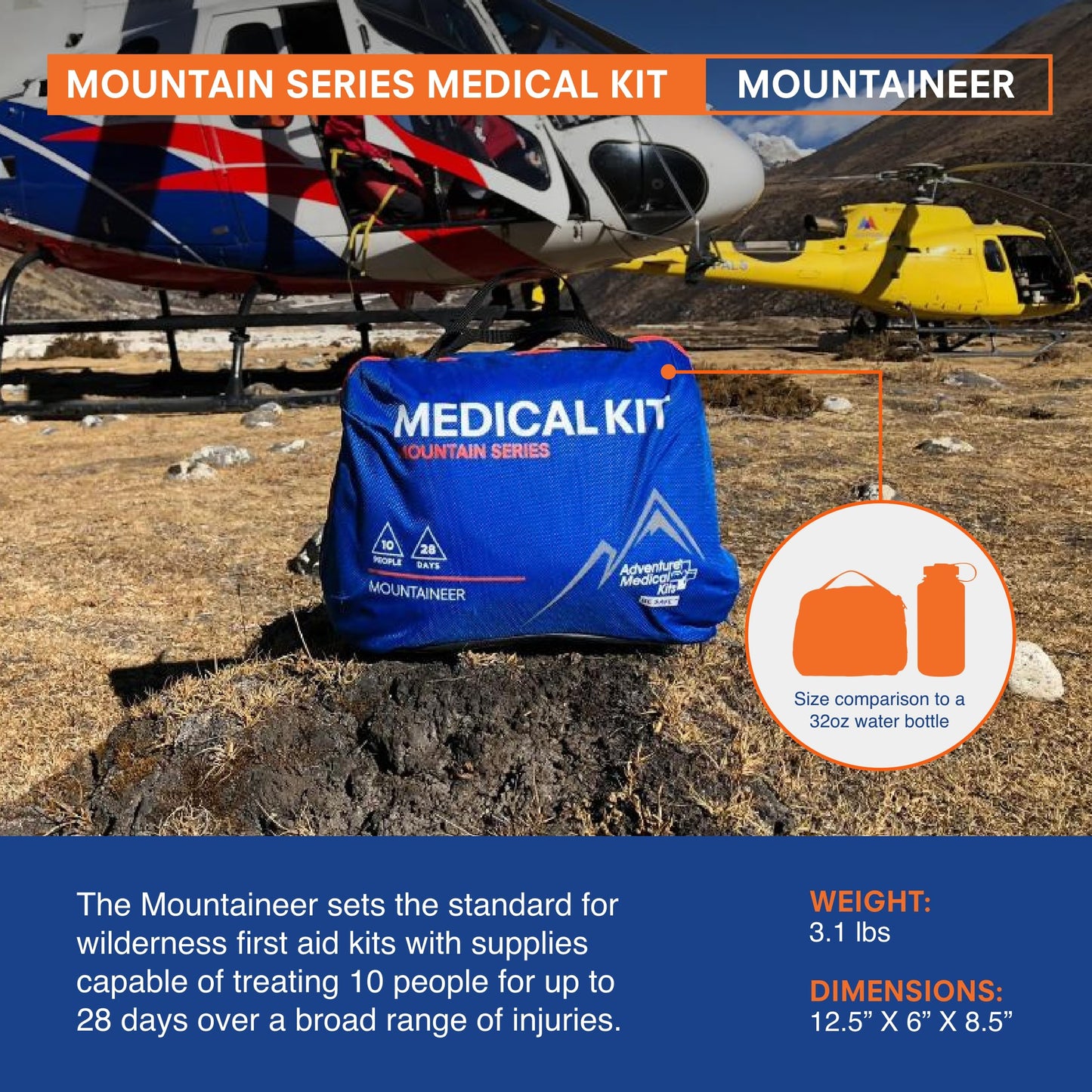 Adventure Medical Kits Mountain Series Medical Kit - Mountaineer - Emergency Medical First Aid Kit - For 28 People for 10 Days - Comes with QuikClot Gauze, Tourniquet, Guide Book & More - 218 Pieces