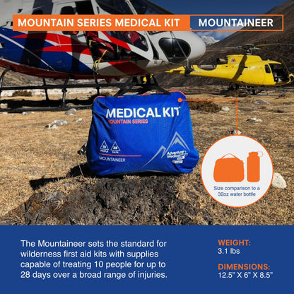 Adventure Medical Kits Mountain Series Medical Kit - Mountaineer - Emergency Medical First Aid Kit - For 28 People for 10 Days - Comes with QuikClot Gauze, Tourniquet, Guide Book & More - 218 Pieces