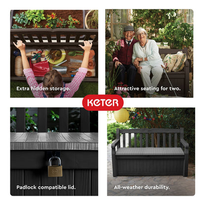 Keter Solana 70 Gallon Storage Bench Deck Box for Patio Furniture, Front Porch Decor and Outdoor Seating – Perfect to Store Garden Tools and Pool Toys, Brown/Brown