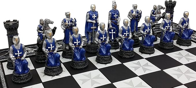 HPL Medieval Times Crusades Blue and White Armored Maltese Knights Chess Set with 17 Board