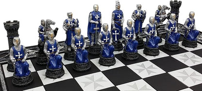 Medieval Times Crusades Red and Blue Armored Maltese Knights Chess Set with 17 Board