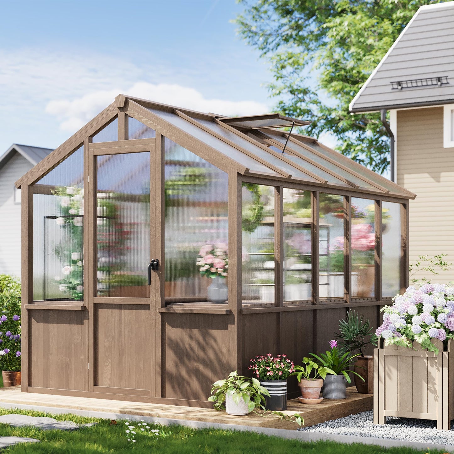 Garvee 6x10 FT Wooden Greenhouse - Walk-in Greenhouses for Outdoors, Large Spruce Frame Green House with PC Panels, Adjustable Roof Vents & Lockable Door, Green Houses for Garden,Backyard,Patio,Lawn