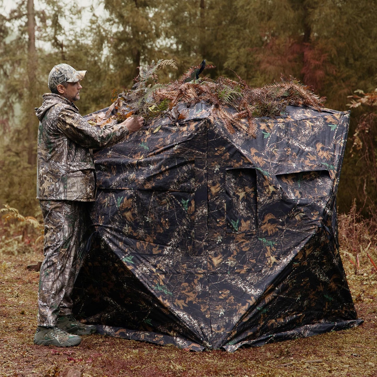 GearOZ Hunting Blind, 270° See Through Ground Blinds Camouflage Waterproof Pop-up Tent for Deer Turkey Duck Bow Hunting, 2-3 Person Portable Concealed Tent Silent Adjustable Windows with Carrying Bag
