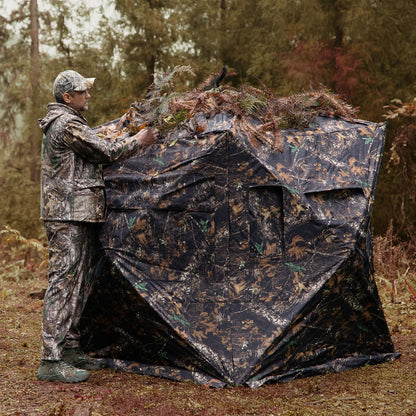 GearOZ Hunting Blind, 270° See Through Ground Blinds Camouflage Waterproof Pop-up Tent for Deer Turkey Duck Bow Hunting, 2-3 Person Portable Concealed Tent Silent Adjustable Windows with Carrying Bag