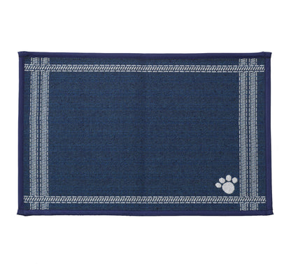 PetRageous 16025 Mattress Ticking Drink Tapestry Dog and Cat Non-Skid Machine Washable Mat for Pet Feeding Areas with Rubber Backing 13-Inch by 19-Inch for Dogs and Cats, Blue