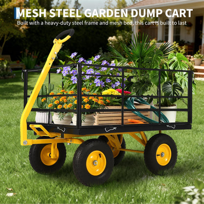 Heavy Duty 1500 Lbs Capacity Mesh Steel Garden Cart Folding Utility Wagon with Removable Sides, Garden Cart on Wheels for Gardening Soil, Tools, and Plant Transport