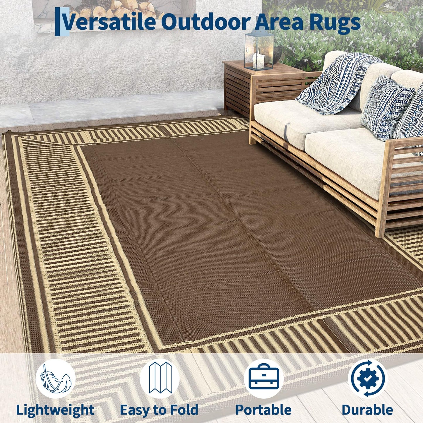 GAOMON 10x20 Waterproof Outdoor Rug Reversible Plastic Straw Rug Patio Camping Rugs, Lightweight UV Resistant RV Mat Foldable Stain Resistant Outside Carpet for Beach, Balcony, Porch,Border-Brown