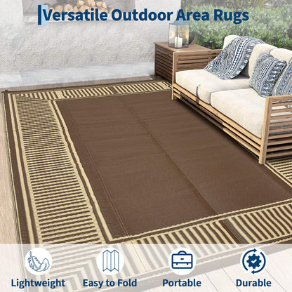 GAOMON 10x20 Waterproof Outdoor Rug Reversible Plastic Straw Rug Patio Camping Rugs, Lightweight UV Resistant RV Mat Foldable Stain Resistant Outside Carpet for Beach, Balcony, Porch,Border-Brown