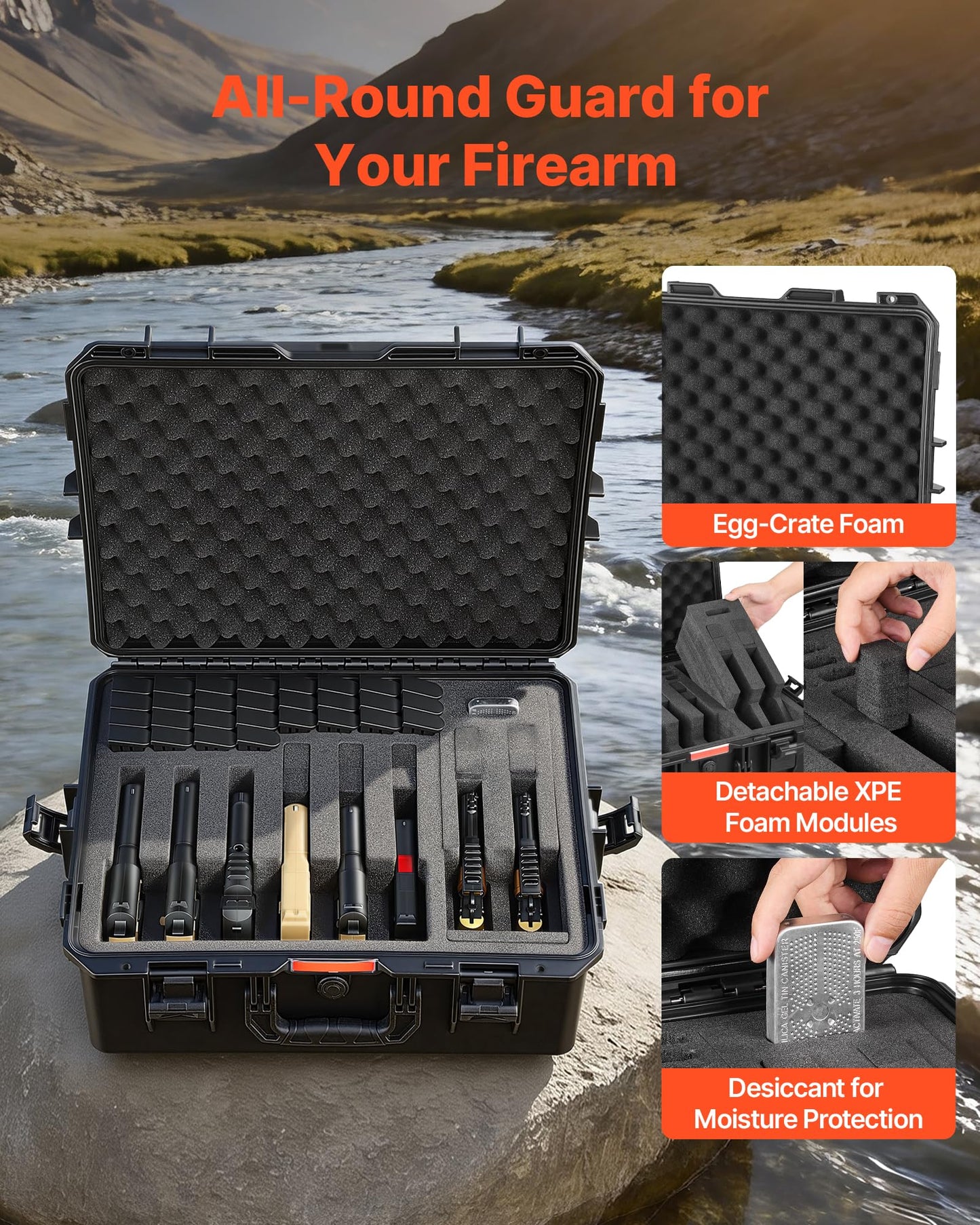 VEVOR Hard Pistol Case, Holds 8 Pistols & 28 Magazine, Hard Gun Case with Pre-Cut XPE Foam Lining, Waterproof Firearm Travel Case with Handle for Gun, Lenses, Camera, Gear, TSA Compliant