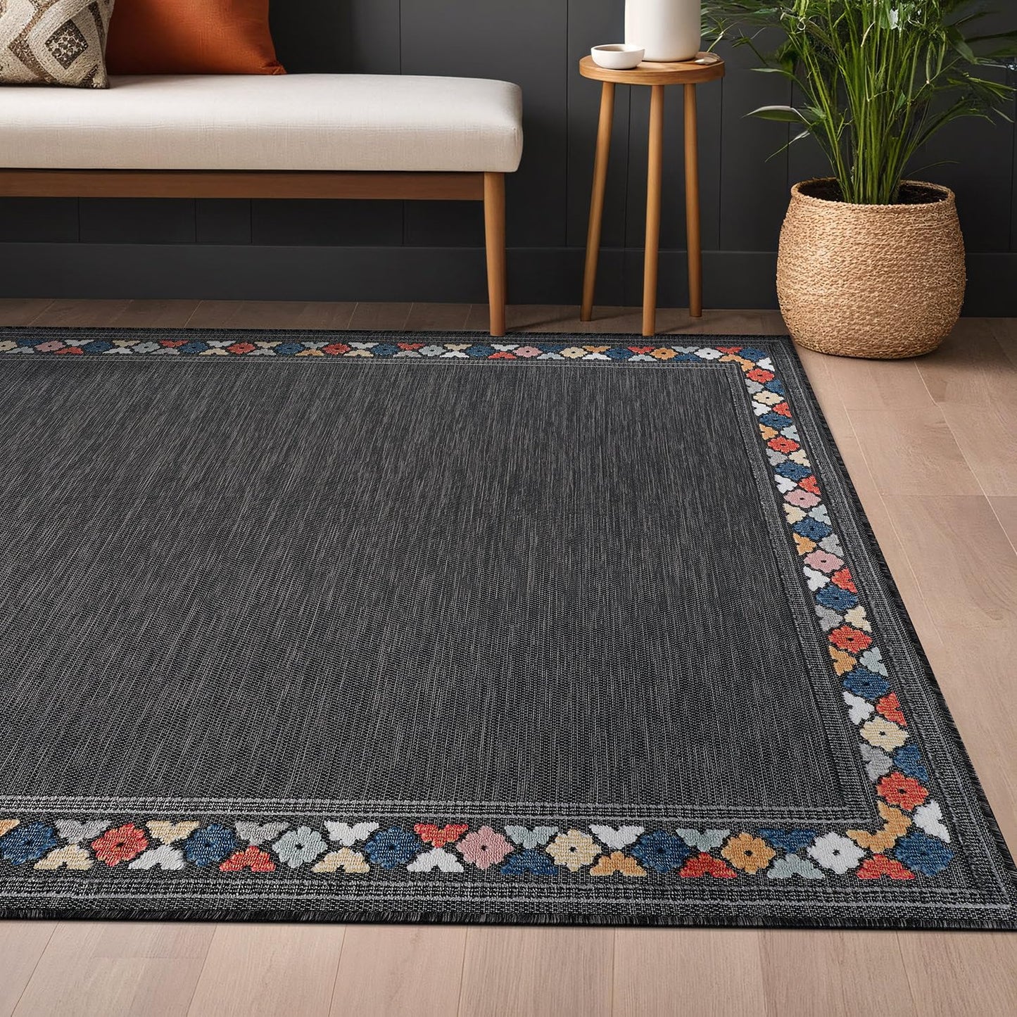 Beverly Rug Outdoor Rug 10x14 Modern Bordered Large Area Rugs for Indoor and Outdoor Patio Easy to Clean Non Shedding Living Room Porch Garden Washable Outside Carpet (10 x 14 Dark Gray)