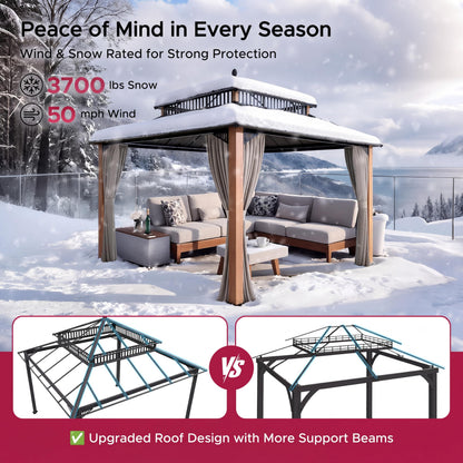 SUNJOY Kingston 12' x 12' Hardtop Gazebo with Galvanized Steel/Polycarbonate Double Roof, Curtain and Netting, Woodgrain Finish Aluminum Posts Permanent Pavilion Gazebo for Garden, Patio, Deck, Lawn
