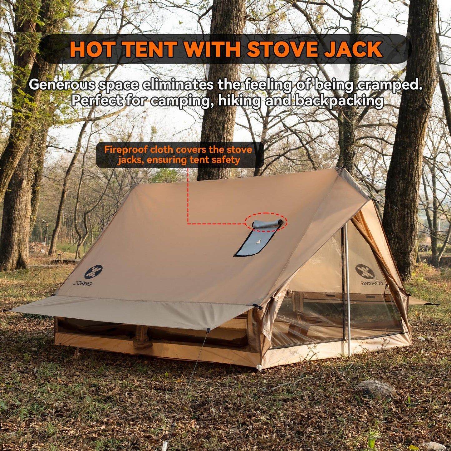 Zoring Hot Tent with Stove Jack - Waterproof & Windproof Cabin Winter Tent for Camping, 4 Season Tipi Wall Shelter with Two Poles, 2 Person Cold Weather Tent for Outdoor Hiking, Backpacking, Hunting