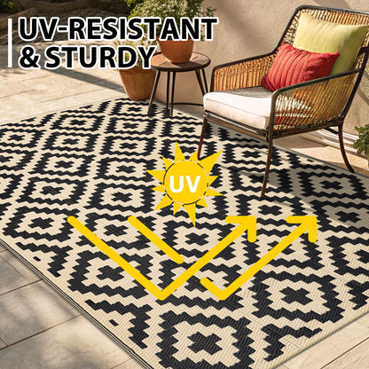 Smiry Waterproof Outdoor Rug 9X18 ft, Reversible Plastic Straw Patio Camping Rugs, Outdoor Indoor RV Mat Carpet for Patio, Outside Entry, Backyard, Deck, Bench, Picnic, Camper, Black & Beige