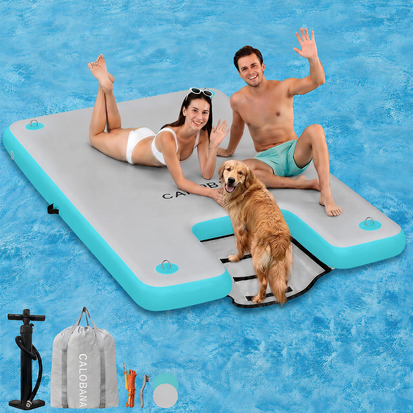 CALOBANA 8ft×6ft Inflatable Floating Dock with Dog Ramp, Float Island with Boat Ramp for Adults & Pets, Heavy Duty Lake Dog Raft Dock Platform with Ladder for Sea or River,Party,Grey+Mint Green
