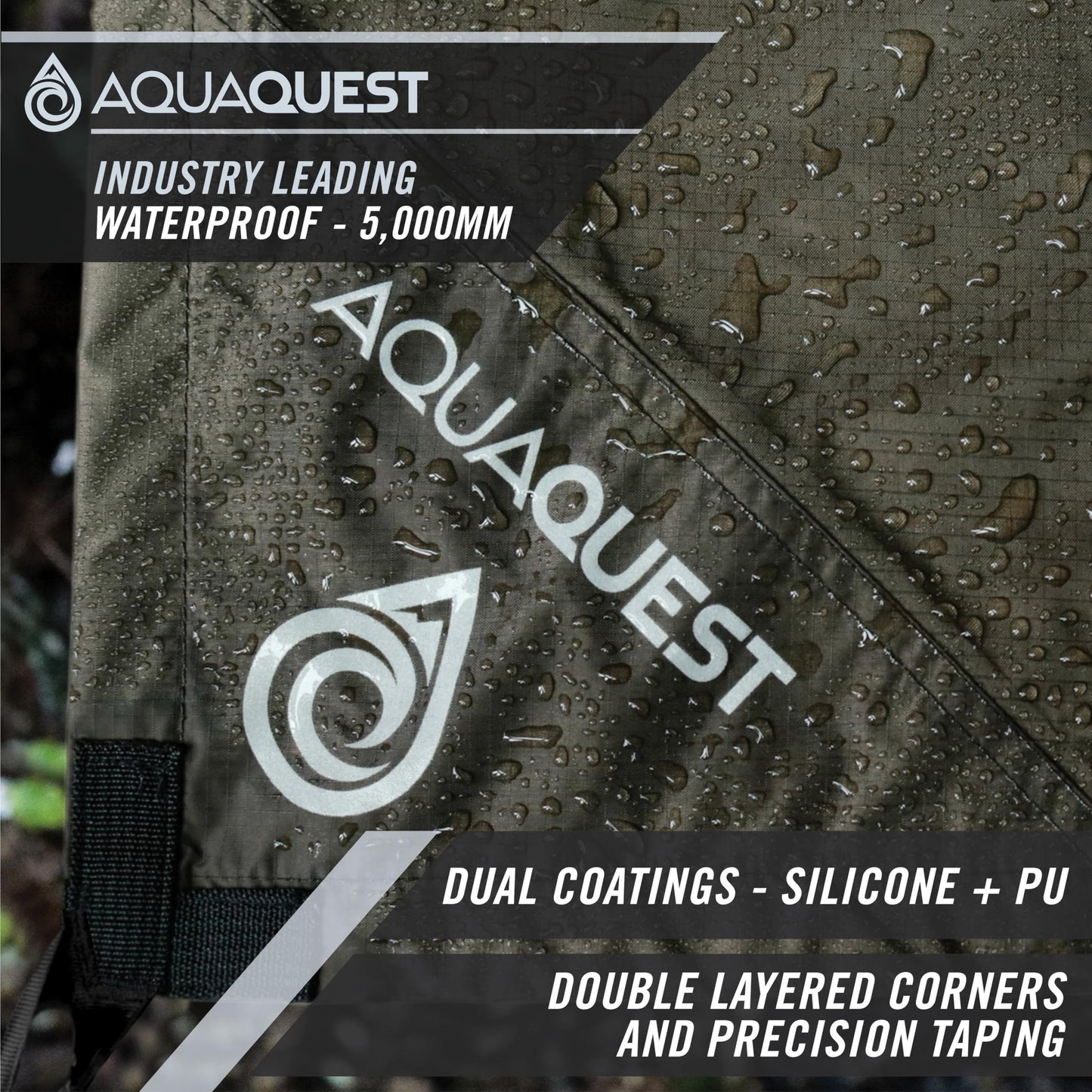 AquaQuest Guide Tarp – Ultralight Waterproof (5,000 mm) Seam‑Taped 40D Ripstop Rain Fly for Backpacking, Stealth Camping & Thru‑Hiking – 10×10 Olive Drab
