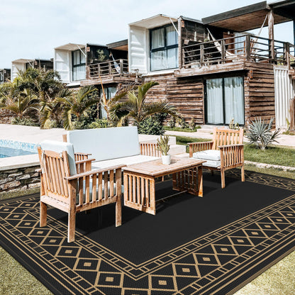 GENIMO Outdoor Rug Waterproof for Patio Decor, 10'x20' Foldable Reversible Plastic Straw Carpet, Outside Area Mat for Rv, Deck, Picnic, Porch, Camper, Balcony, Beach, Black & Brown