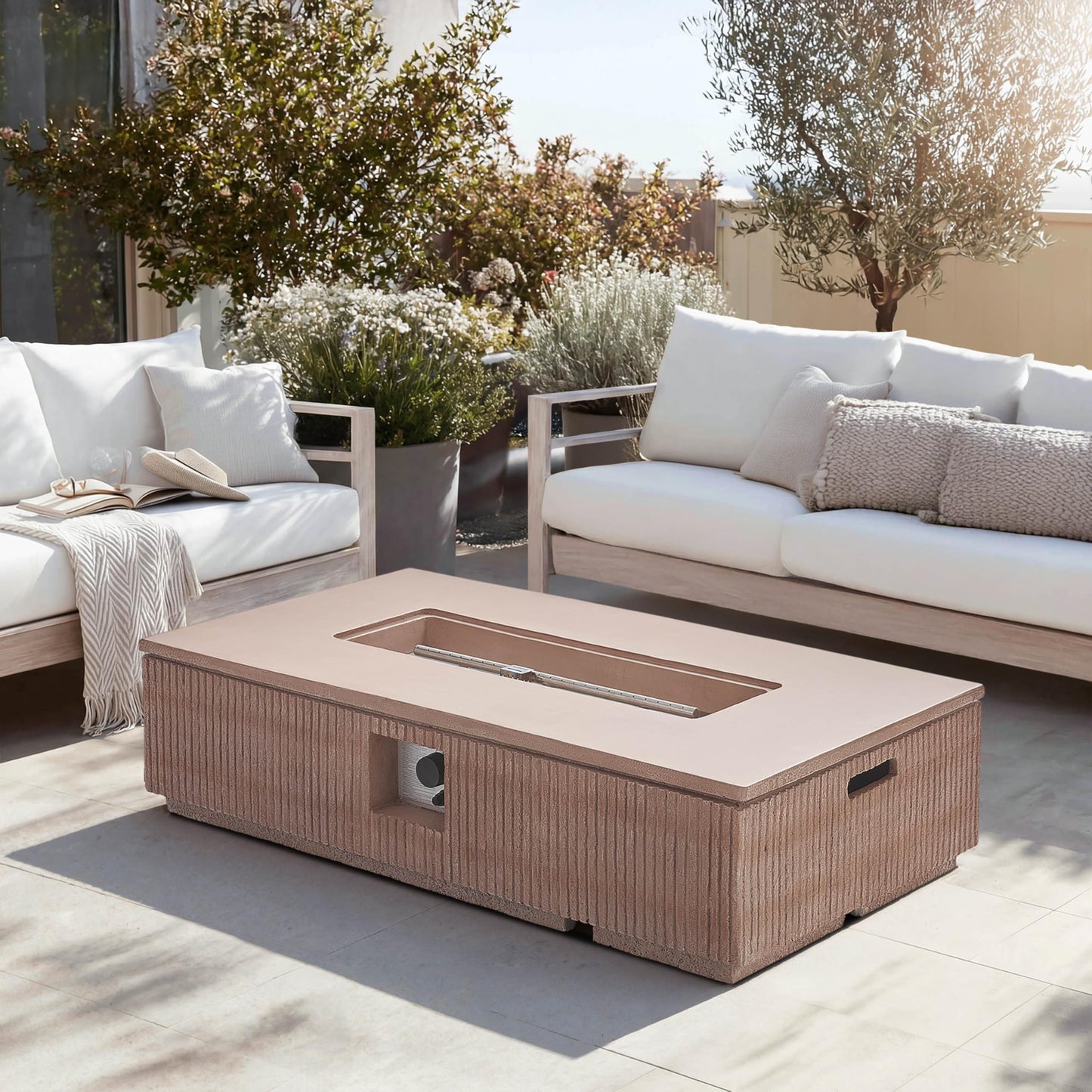 Christopher Knight Home Maloa Outdoor Propane Fire Pit Table with Lava Rock, No Assembly MGO Tank Table for Patio/Deck, 50000 BTU, MGO Rectangular Tabletop Fire Pit, Modern Patio Fire Table, Natural