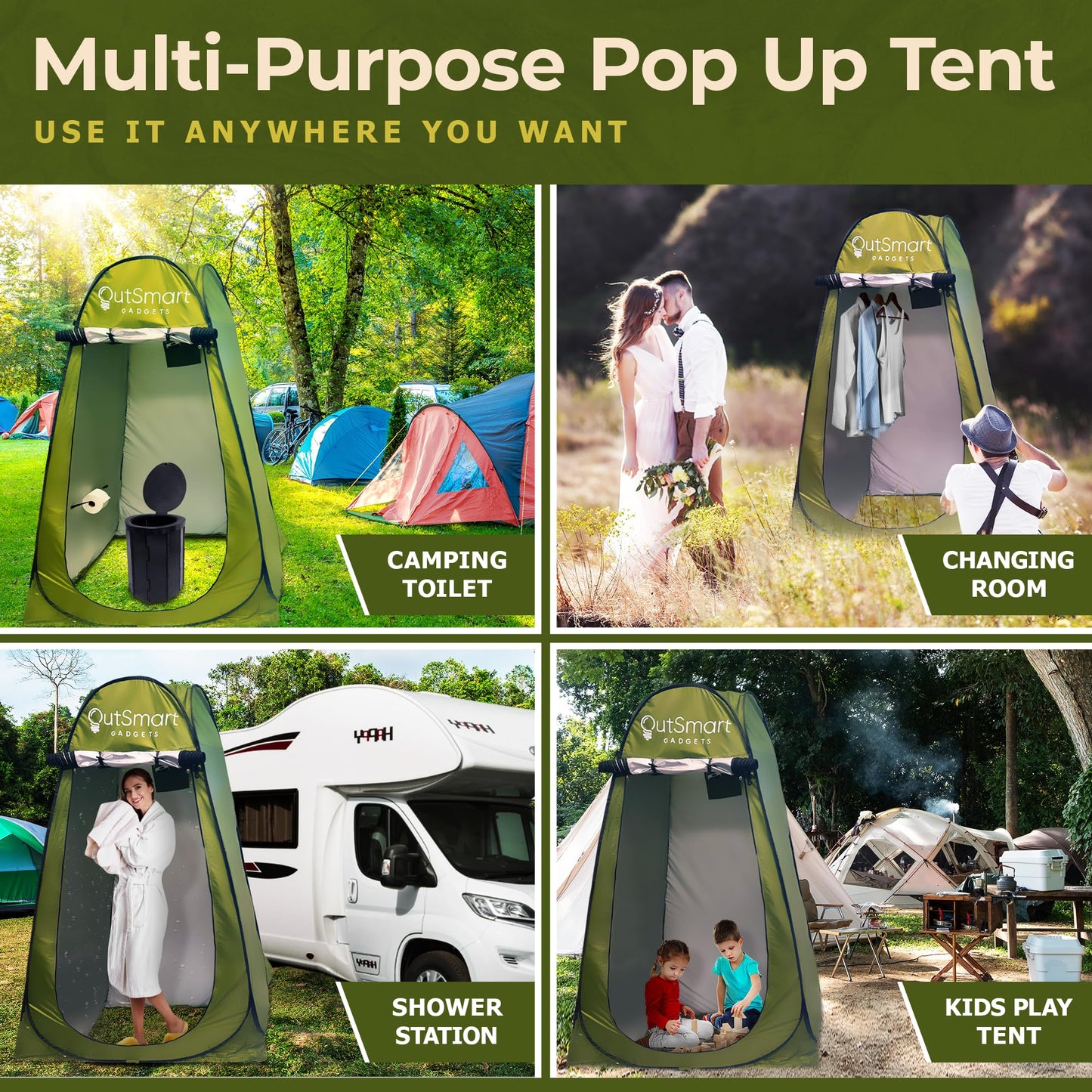 Outsmart Gadgets Portable Toilet Kit for Adults with Camping Night Lantern, Folding XL Toilet Seat, Pop Up Privacy Tent and Carry Bags, Multipurpose Potty, Washable Foldable for RV and Travel