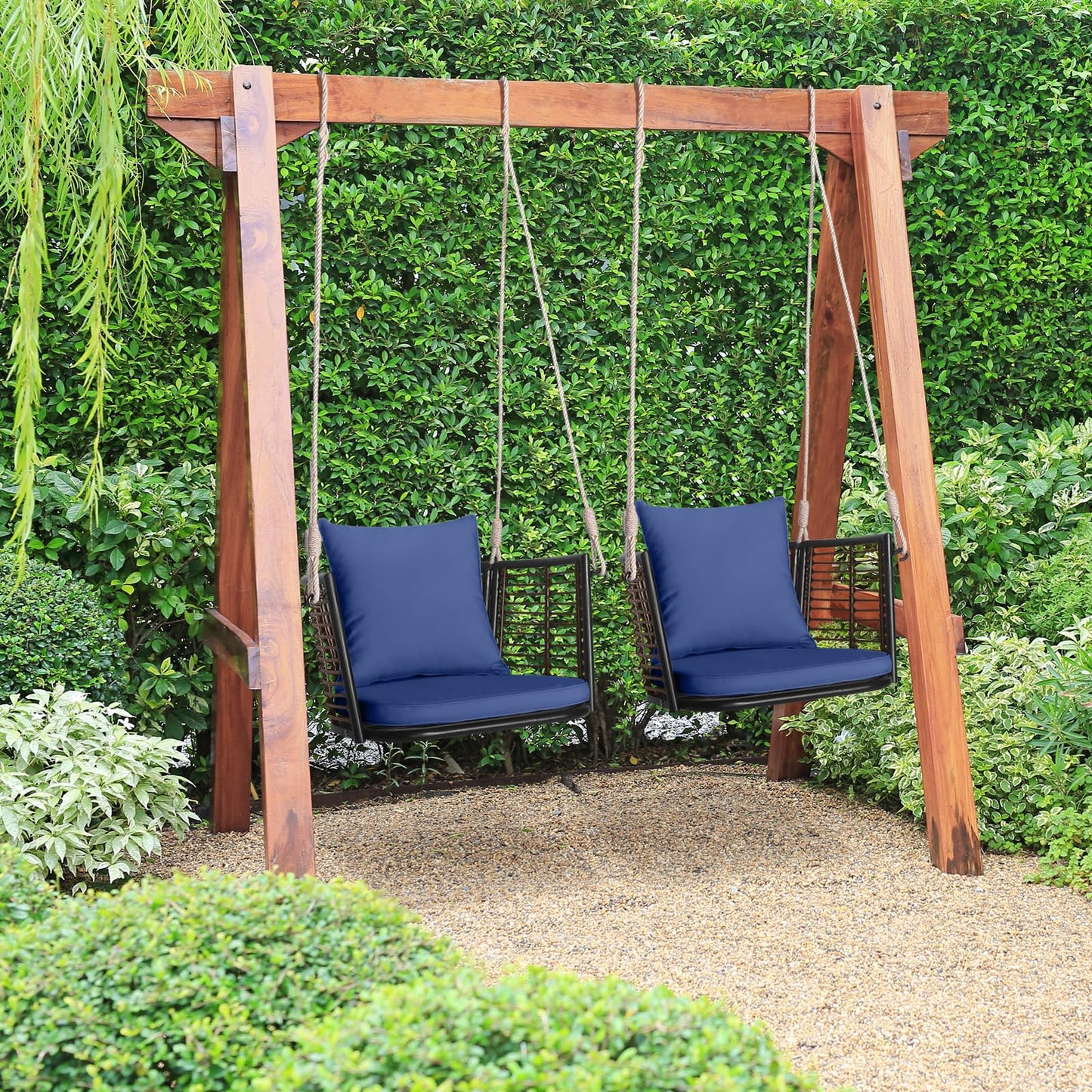 HAPPYGRILL Porch Swing Patio Hanging Rattan Basket Chair, Swing Hammock Chair with Seat Cushion & Back Cushion, PE Rattan, Sturdy Metal Frame, Wicker Hanging Rope Swing, (Navy)