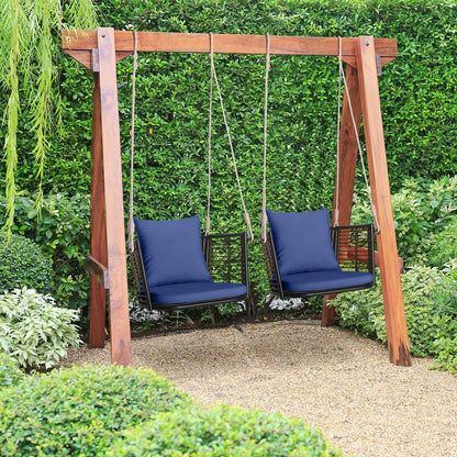 HAPPYGRILL Porch Swing Patio Hanging Rattan Basket Chair, Swing Hammock Chair with Seat Cushion & Back Cushion, PE Rattan, Sturdy Metal Frame, Wicker Hanging Rope Swing, (Navy)
