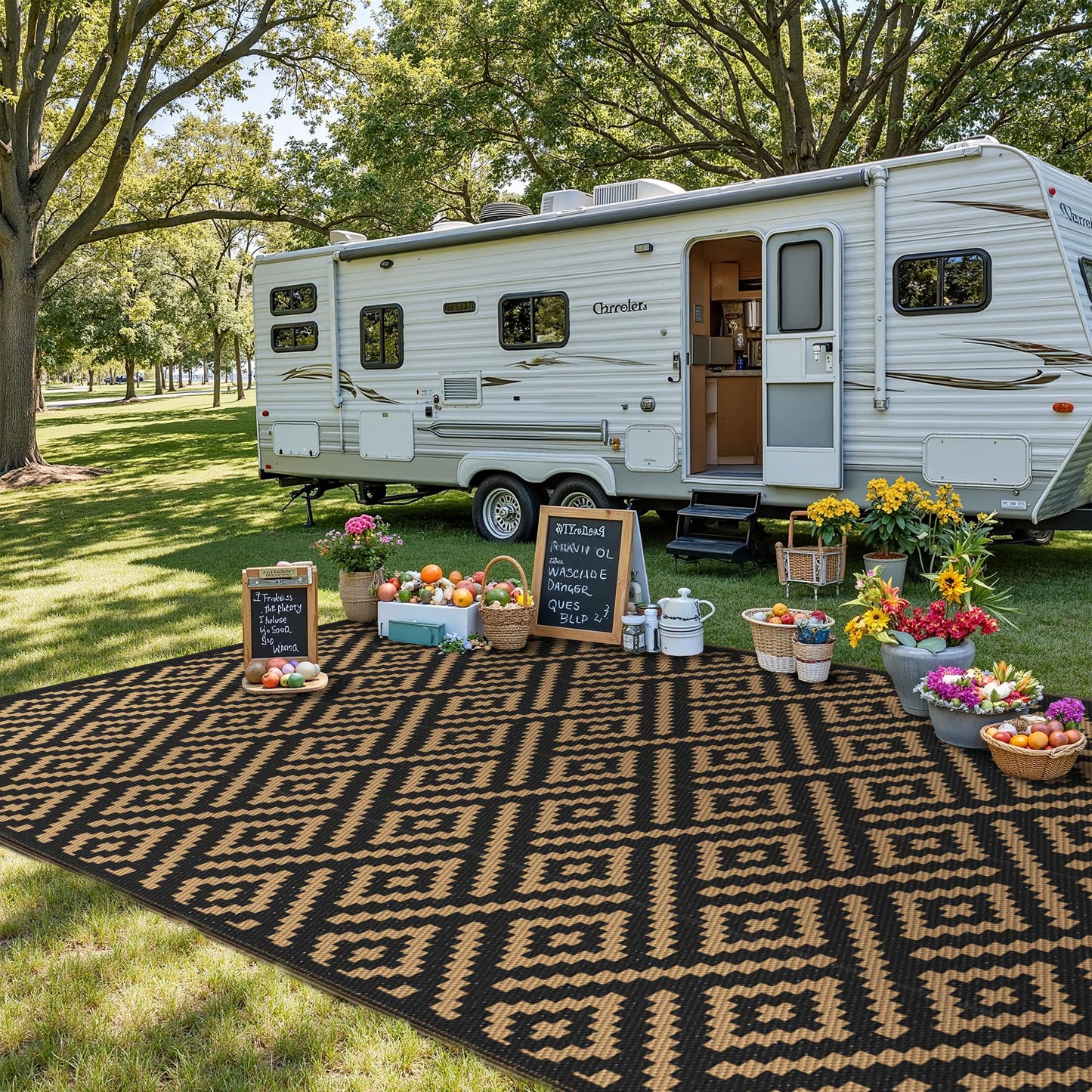 sarben Outdoor Rug for Patio - Waterproof Plastic Straw Camping Rugs 8x16 ft, Reversible Outdoor Indoor RV Mat Carpet for Patio, Porch, Deck, Balcony, Picnic, Beach, Black Brown
