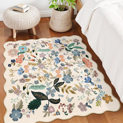 Skiennix Floral Square Area Rug - Washable 5x5 Soft Carpet with Non-Slip Backing | Cream for Living Room & Bedroom
