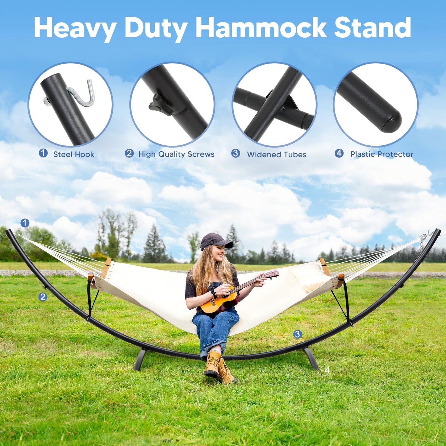 SUNCREAT Hammocks for Outside with Stand, Porch Hammock and Stand, 475 lbs Capacity, Patent Pending, Beige