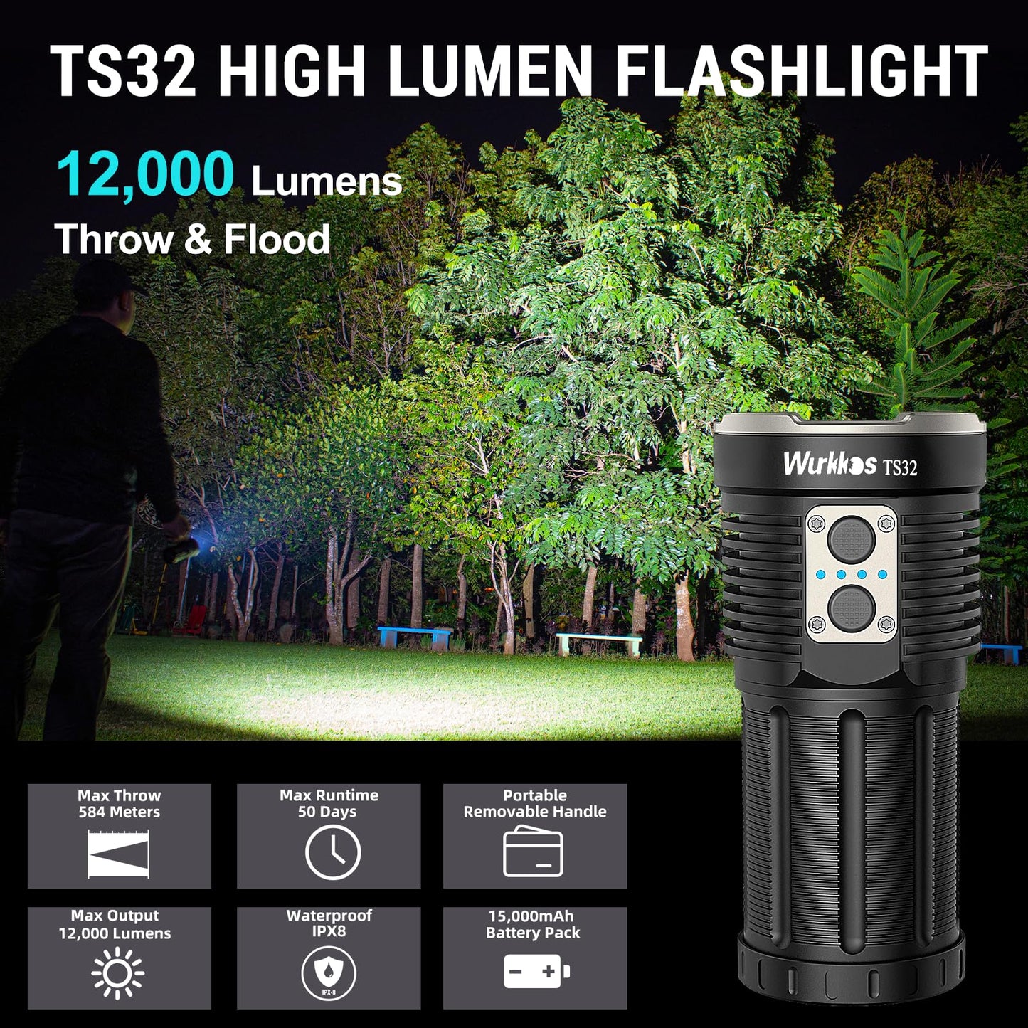 Wurkkos TS32 Super Bright 12,000 Lumen Flashlight, High Powerful Rechargeable LED Flashlight with IPX8 Waterproof and Discharge, for Outdoor Camping Hunting Searching (519A)