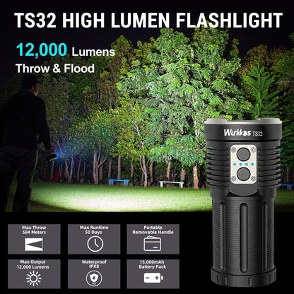 Wurkkos TS32 Super Bright 12,000 Lumen Flashlight, High Powerful Rechargeable LED Flashlight with IPX8 Waterproof and Discharge, for Outdoor Camping Hunting Searching (519A)