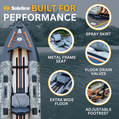 Solstice Inflatable Kayak Boat – Durable, Portable & Adventure-Ready, Heavy Duty PVC – Adjustable Seats, Accessory Mounts, Skeg & Pump Included, Fishing, 1-2 Person Tandem, Scout, Camo, 12'6"