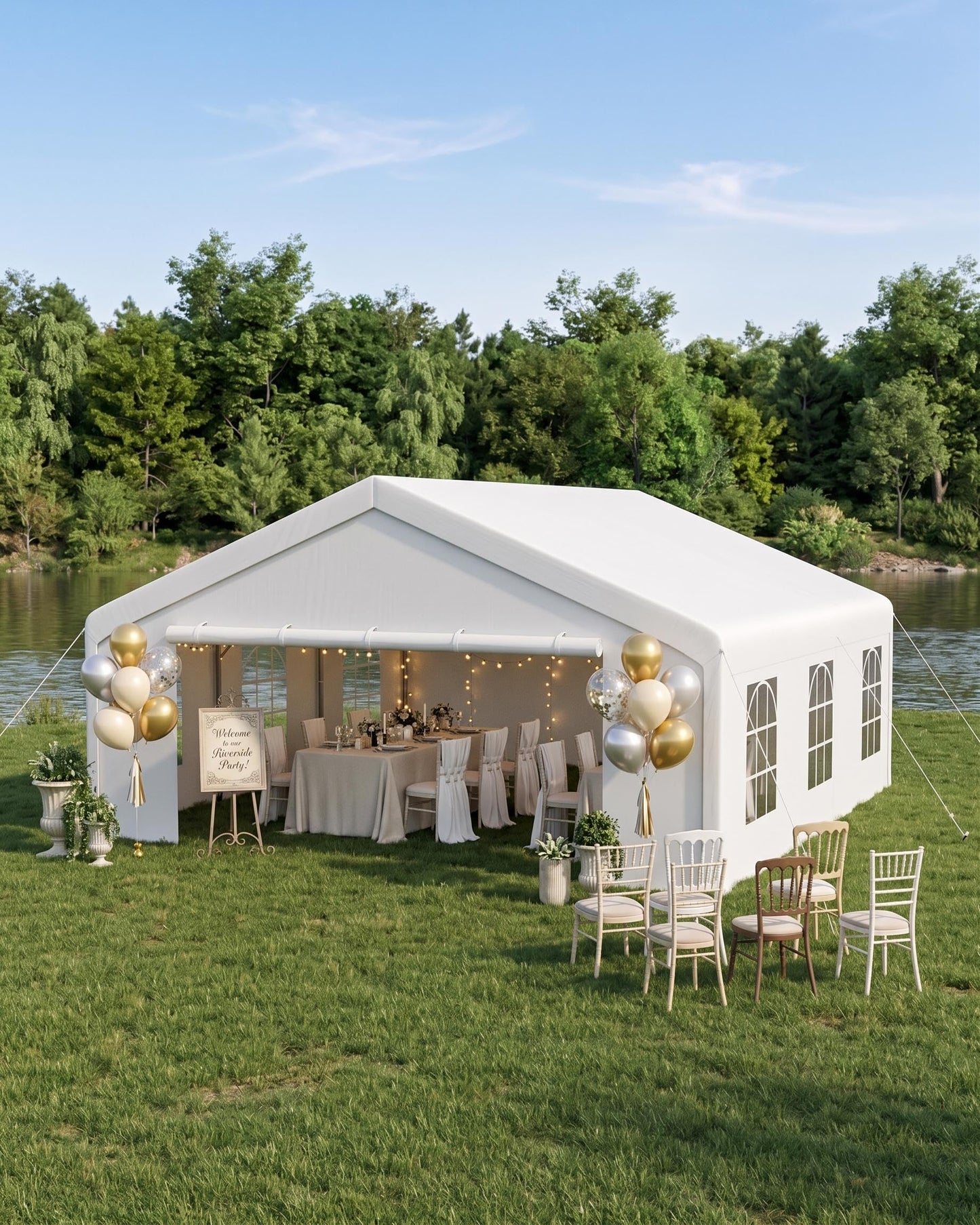 20x20 ft Heavy Duty Party Tent, Upgraded Galvanized Steel Frame Outdoor Canopy, with Mesh Screen & PE Roll-Up Double Doors, Removable Sidewalls and Windows, Wedding Event Commercial Carport