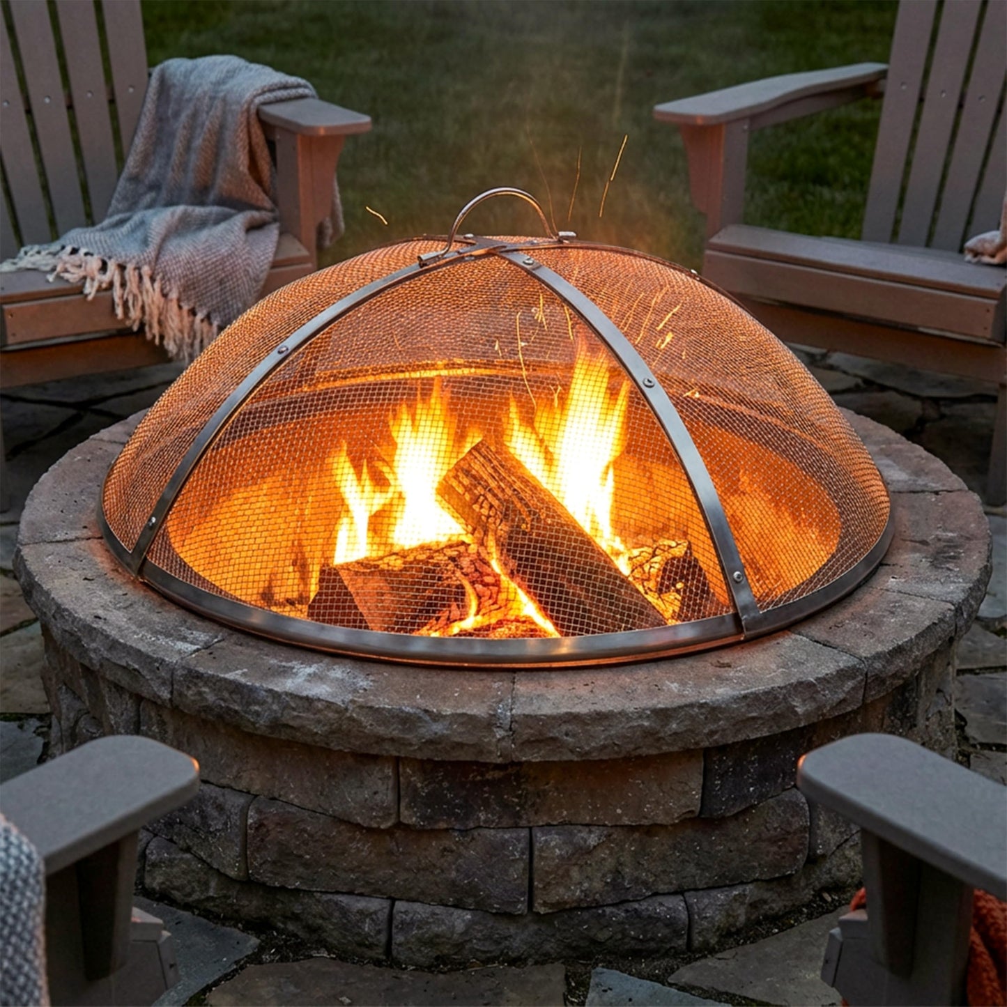 Sunnydaze Round Stainless Steel Spark Screen - Rust-Resistant Heavy-Duty Metal Fire Pit Spark Screen with Handle - 30" Diameter