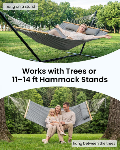 ANAGOO Double Hammock with Spreader Bar & Pillow, 2-Person Portable Hammock, 500lbs Capacity for Outdoor Camping, Patio, Backyard, Garden, Beach & Travel Relaxation – Gray