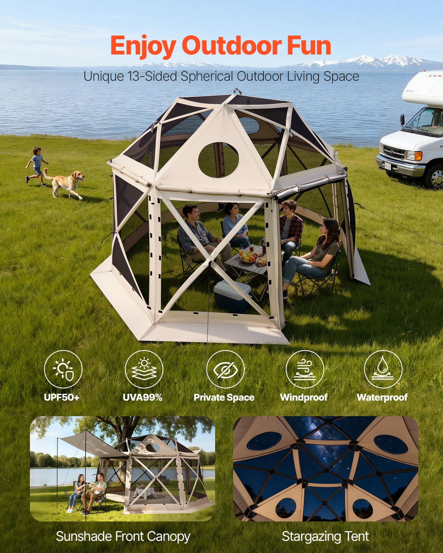 VEVOR Pop Up Gazebo Screen Tent, 12 x 12 ft Large High 13-Sided Camping Canopy Tent with Removable Top & Carry Bag, Quick Set & Bite-Proof Mesh Screen Sun Shelter for 8-10 Persons Backyard Patio