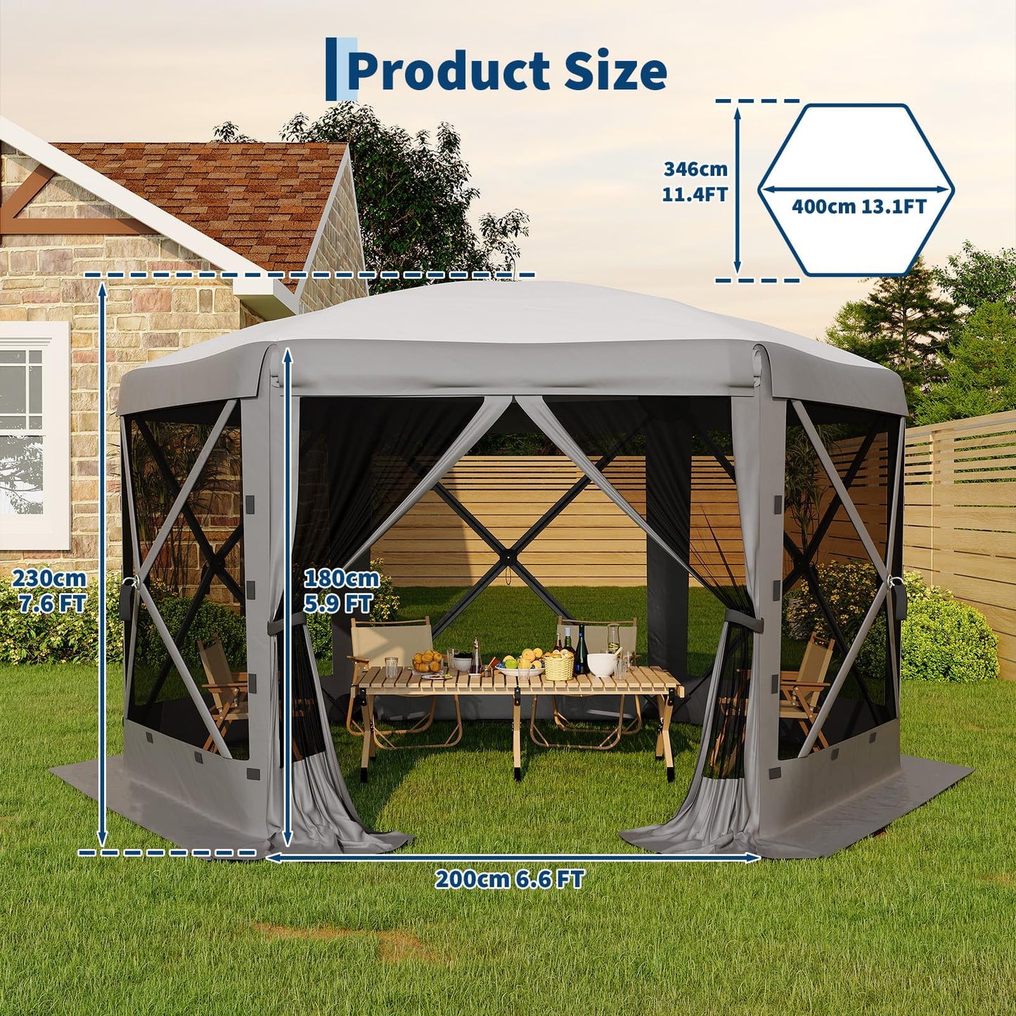 13x13FT 6-Sided Gazebo Tent, One-Push Setup Canopy with Mesh Panels & Removable Wind Cloths, Outdoor Shelter for Backyard Parties Camping Events, Grey