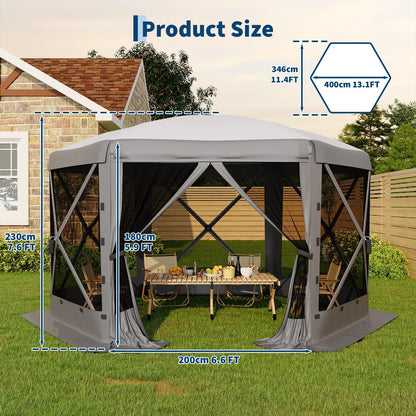 13x13FT 6-Sided Gazebo Tent, One-Push Setup Canopy with Mesh Panels & Removable Wind Cloths, Outdoor Shelter for Backyard Parties Camping Events, Grey