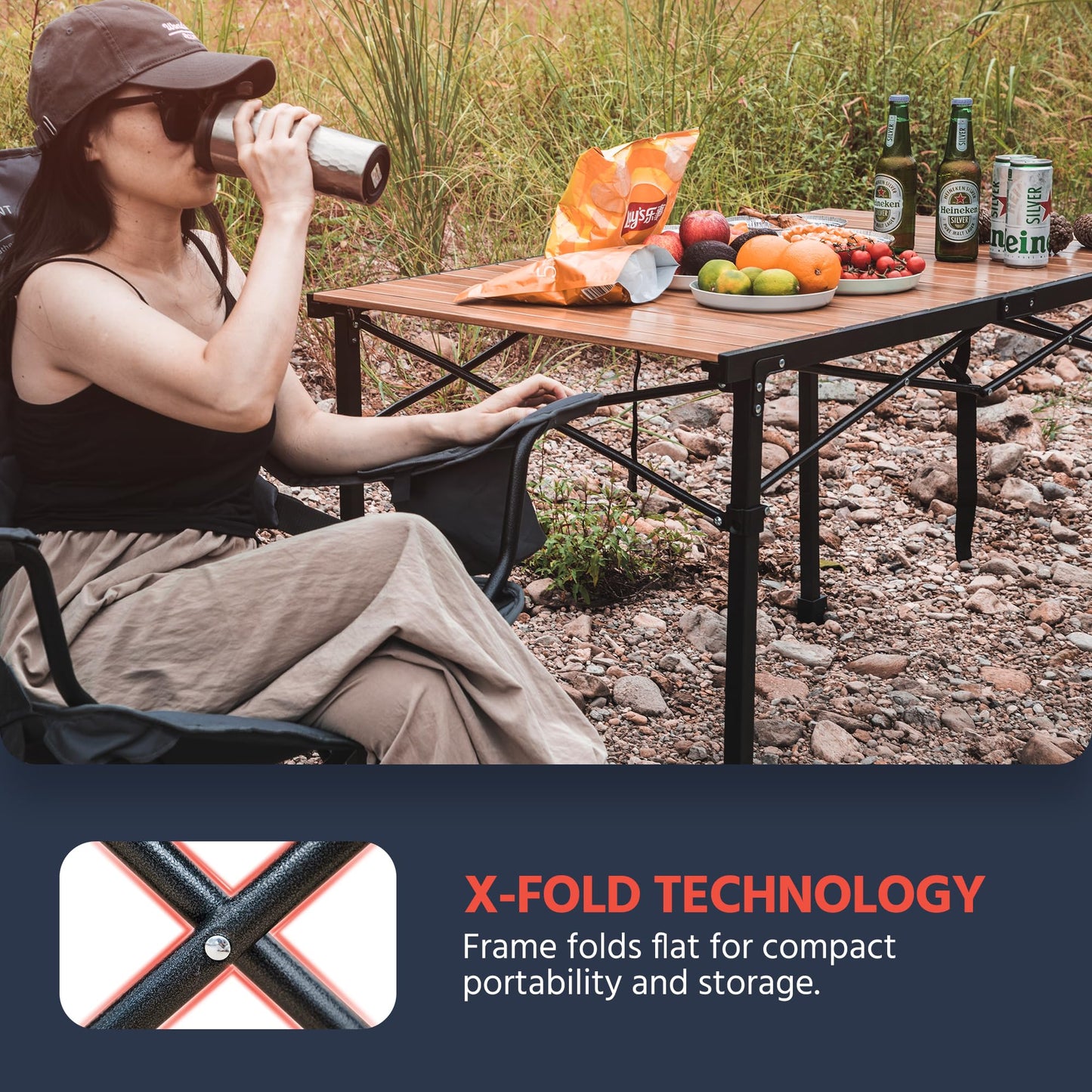 OUTSIDER Camping Table Foldable – Adjustable Height, Heat-Resistant Metal for Outdoor Table,Portable Roll-up Aluminum Camp Table with Carry Bag for 2-6 Person BBQ, Travel,Picnic,Lawn, Loads 110 Lbs