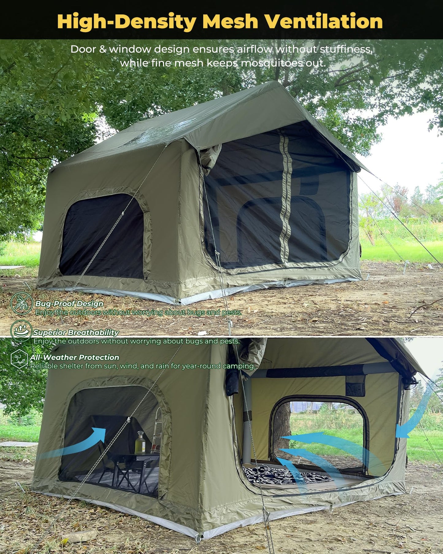 Inflatable Camping Tent for 3-4 Person, Oxford Fabric Blow Up Tent with Skylight, Easy 5-Minute Setup Air Tent, Waterproof Glamping Tent with Large Door & Windows for Family Camping, Festivals