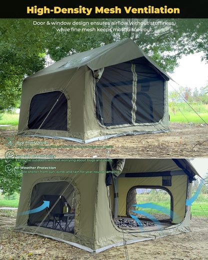 Inflatable Camping Tent for 3-4 Person, Oxford Fabric Blow Up Tent with Skylight, Easy 5-Minute Setup Air Tent, Waterproof Glamping Tent with Large Door & Windows for Family Camping, Festivals