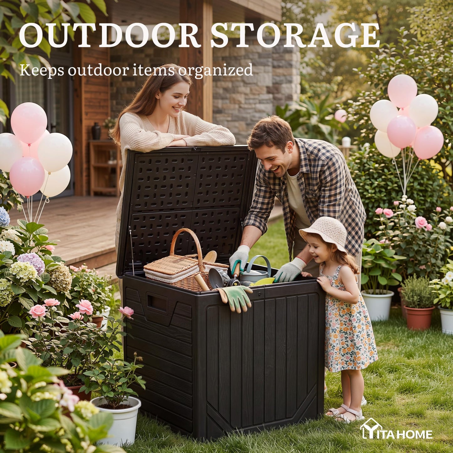 YITAHOME 150 Gallon Large Outdoor Deck Box, Lockable Resin Double-Wall Storage Box and Waterproof Patio Furniture Bin for Garden Tools & Pool Accessories, Black