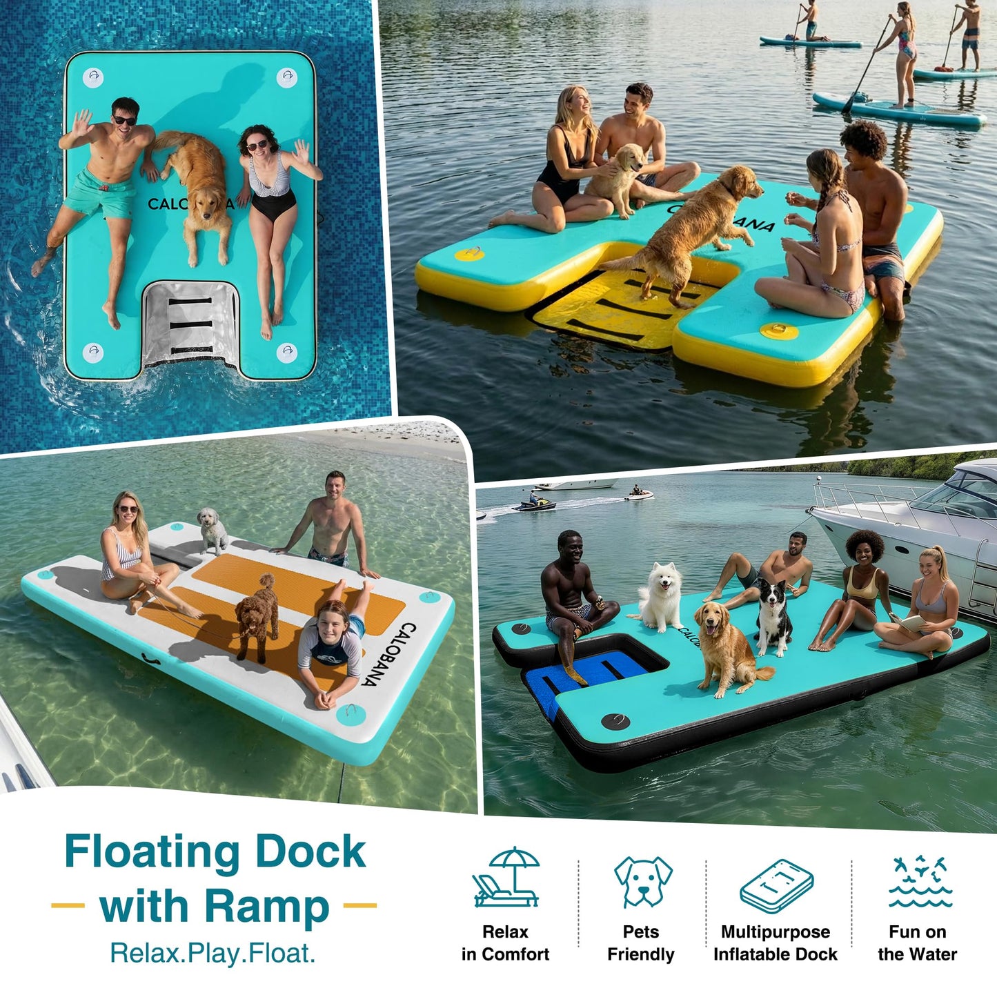 CALOBANA 8ft×6ft Inflatable Floating Dock with Dog Ramp, Float Island with Boat Ramp for Adults & Pets, Heavy Duty Lake Dog Raft Dock Platform with Ladder for Sea or River,Party,Grey+Mint Green