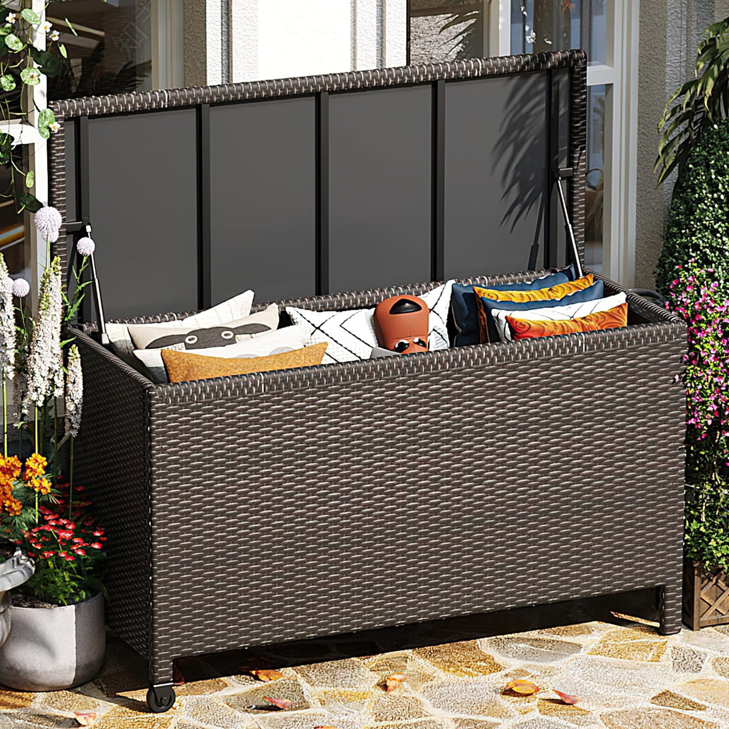 Wicker Deck Box, 125 Gallon All-Weather Outdoor Storage Box, Rattan Storage Bin for Patio Furniture, Outdoor Cushions, Pool Storage and Garden Tools, Brown
