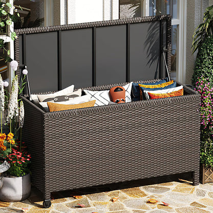 Large Deck Box Waterproof PE Rattan Outdoor Storage Box with Handles and Wheels, Storage Bin for Garden, Balcony, Porch, Pool, Yard (Brown, 125 Gallon)