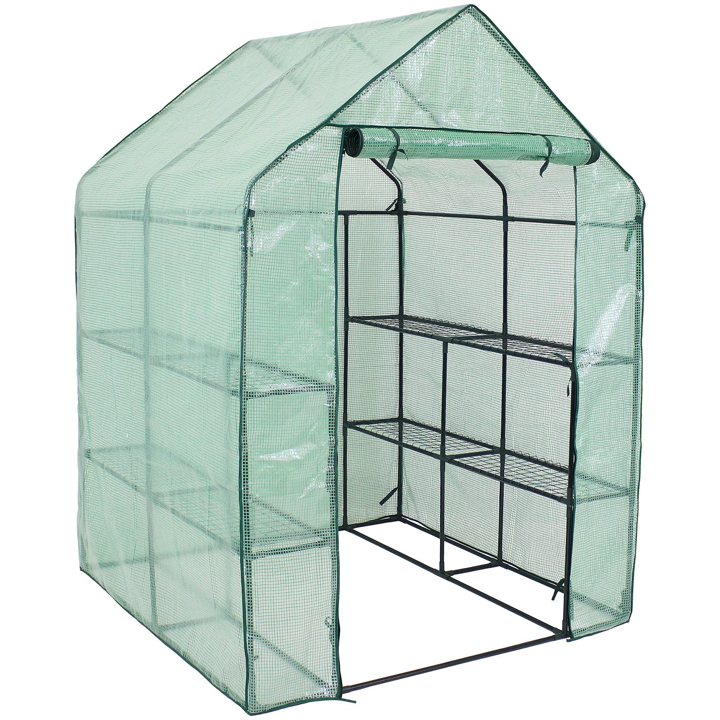 Sunnydaze Portable Outdoor Grandeur Walk-in Greenhouse with 4 Steel Wire Shelves and Roll-Up Door - Green