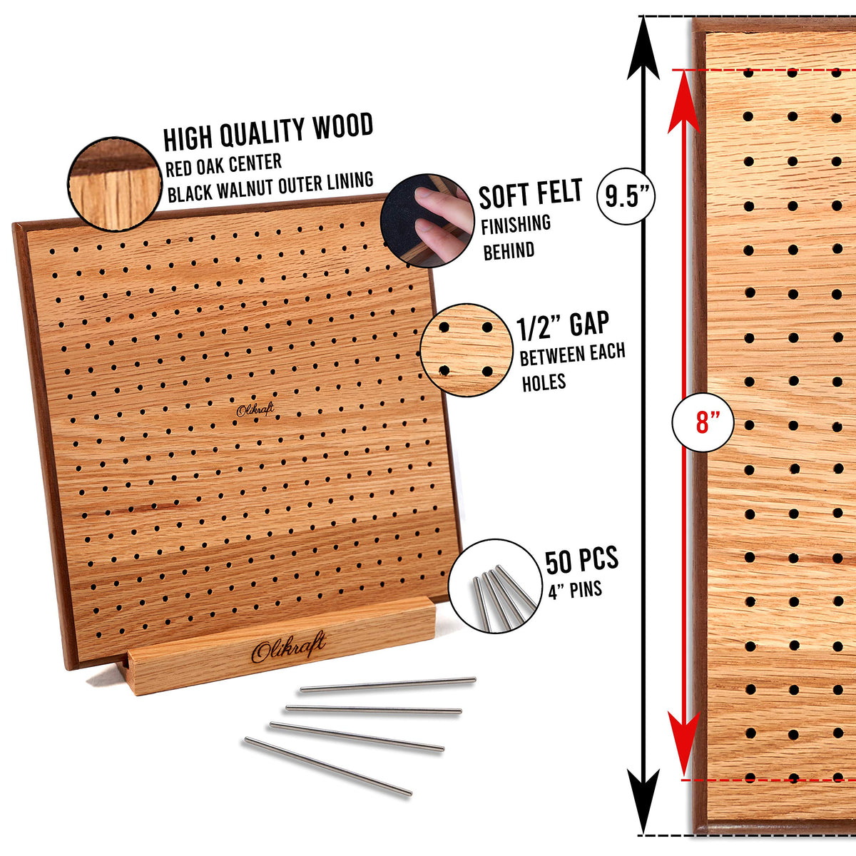 Olikraft 8-Inch Crochet Blocking Board with 50 Pins and 7-Pack Digital Row Counters - Red Oak Wood Blocking Tool and Compact Stitch Tracking Accessories