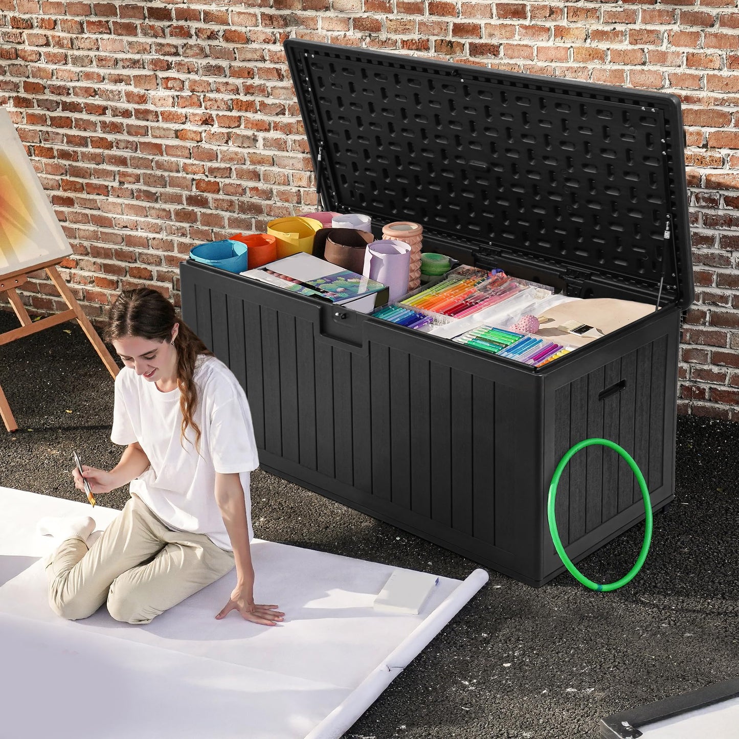 DWVO 180 Gallon Resin Outdoor Storage Box, XXL Double-Wall Waterproof Deck Box, Doubles as Table or Seating with 1000 lbs Capacity, Lockable (Black)