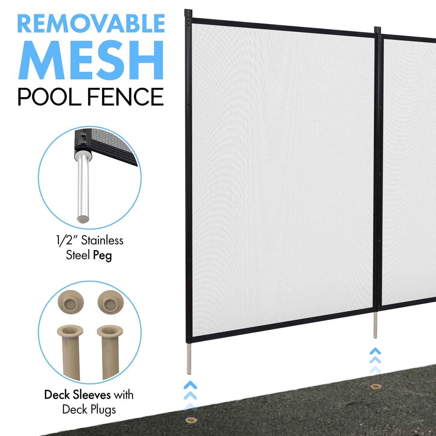 ALLSAFE Removable Mesh Pool Fence - Black 15 Foot by 5Foot Fence Panels – Pre-Assembled DIY Safety Fence with 1/2" Stainless Steel Peg Poles – 25% Longer, Easy Install, Fits Most Pool Fencing Layouts
